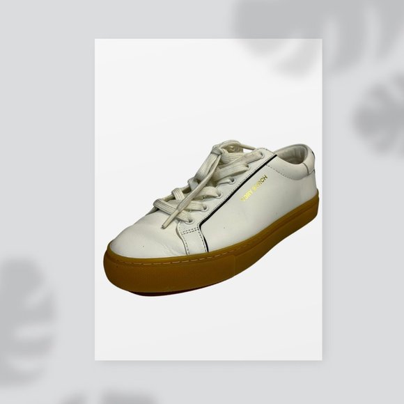 Tory Burch Shoes - Tory Burch White Leather Olive Gum Sole Court Sneaker in White/Black, Size 7.5